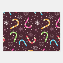 Farbenfrohe Weihnachtscaninen mit Schneeflocken Geschenkpapier Set