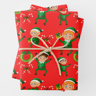 Farbenfrohe Weihnachtself und Candy Cane Red Geschenkpapier Set