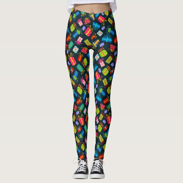 Farbenfrohe Weihnachtsgeschenke auf schwarz Leggings (Vorderseite)