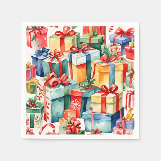 Farbenfrohe Weihnachtsgeschenke Wasserfarben Muste Serviette (Vorderseite)