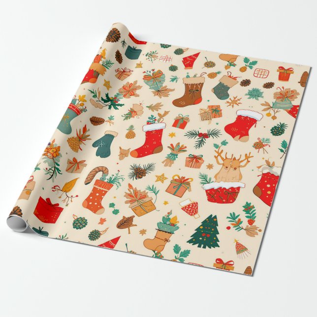 Farbenfrohe Weihnachtsmuster Geschenkpapier (Ungerollt)
