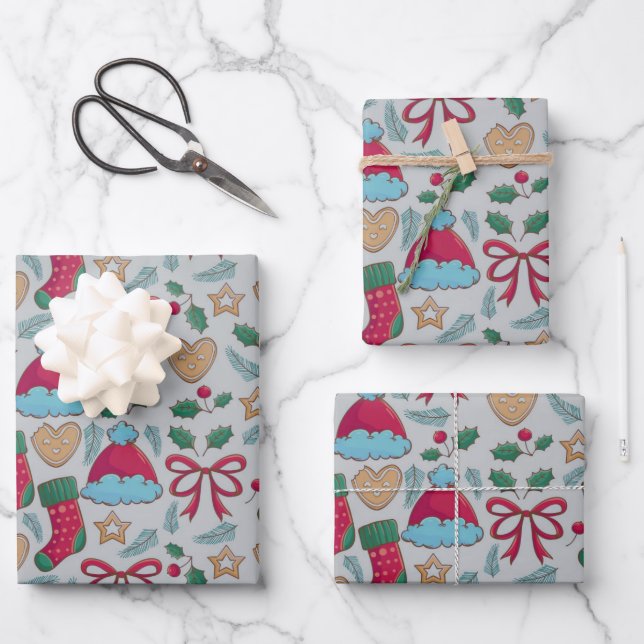 Farbenfrohe Weihnachtsmuster  Geschenkpapier Set (Vorderseite)
