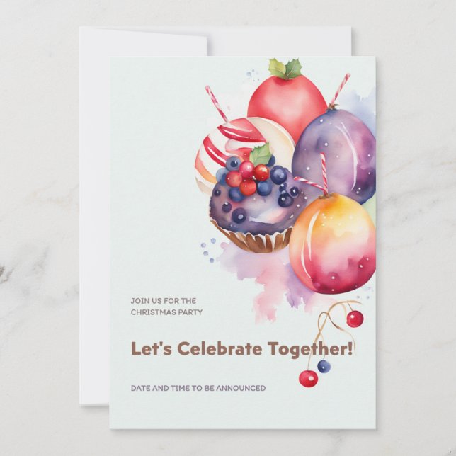Farbenfrohe Weihnachtspudding, Obstkuchen und Bonb Einladung (Vorderseite)