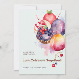 Farbenfrohe Weihnachtspudding, Obstkuchen und Bonb Einladung