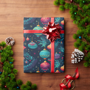 Farbenfrohe Weihnachtsverpackung mit Ornamenten Geschenkpapier