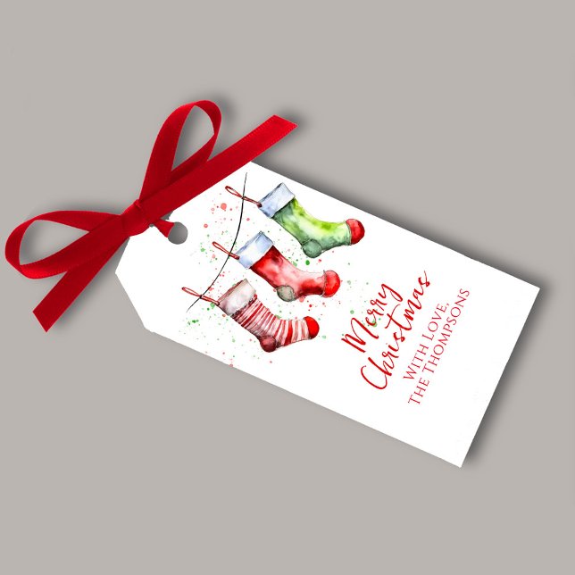 Farbenfrohe Weihnachtswasserfarbe Strumpf Custom Geschenkanhänger (Merry Christmas watercolor custom gift tag. )