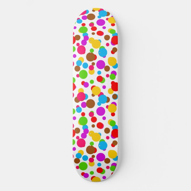 Farbenfrohe weiße Hintergrundpolka Punkte Skateboard (Vorderseite)