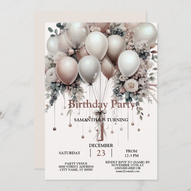 Farbenfrohe Weißpfirsichblütenballons Elegantes Pa Einladung (Vorne/Hinten)