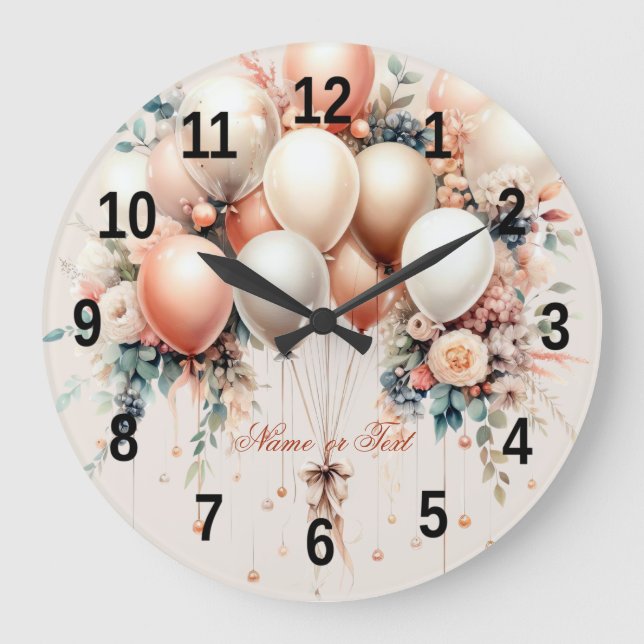 Farbenfrohe Weißpfirsichblütenballons Elegantes Pa Große Wanduhr (Vorderseite)