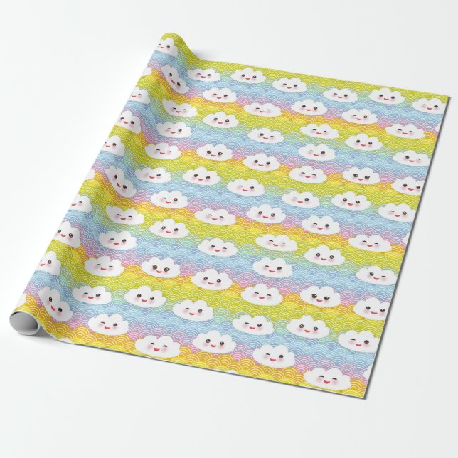 Farbenfrohe Wellen Emoji Kawaii Wolken Muster Geschenkpapier (Ungerollt)