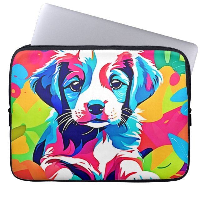 Farbenfrohe Welpenkunst Laptopschutzhülle (Vorderseite)