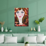 Farbenfrohe Whimsical Face Painting Lady Blätter Leinwanddruck<br><div class="desc">Ein helles und farbenfrohes Gemälde eines skurrilen Mädchens mit großen Augen,  schwarzes Haar mit rot-gelben Highlights. Leaf-,  Stern- und Herzmotive runden das Bild ab.</div>