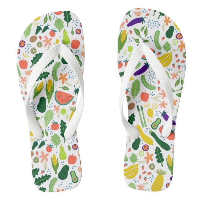 Farbenfrohe Whimsical Frucht & Veggies Muster Flip Flops (Fußbett)