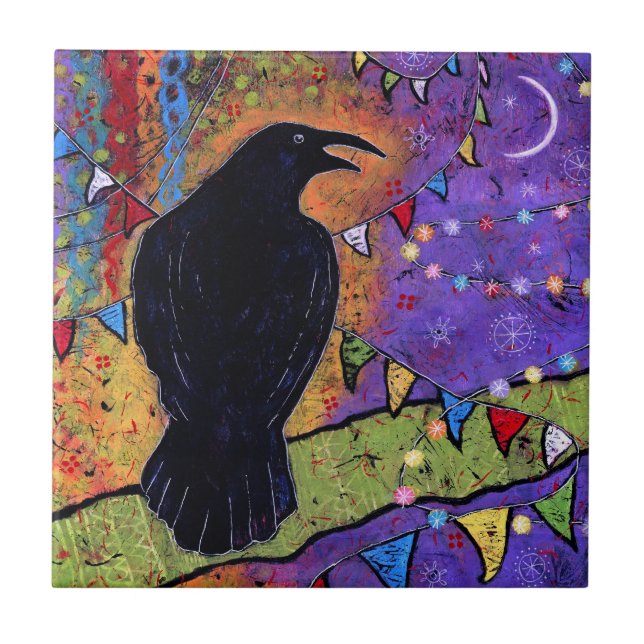 Farbenfrohe Whimsical Raven Laughing  Fliese (Vorderseite)