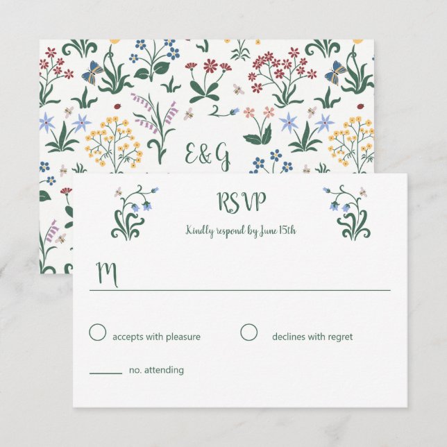 Farbenfrohe Whimsikale Blume Hochzeitstitel RSVP Karte (Vorne/Hinten)