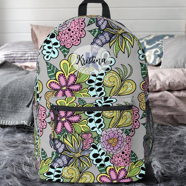 Farbenfrohe Whimsikale Blume und Blätter botanisch Bedruckter Rucksack (Von Creator hochgeladen)
