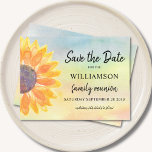 Farbenfrohe Wiedersehen Save the Date Ankündigungspostkarte<br><div class="desc">Frag deiner Familie mit dieser bunten, blumengeschmückten Save the Date-Karte Save the Date für ihre Wiedersehen. Es verfügt über eine Aquarellsonne und einen Hintergrund. Einfach mit Ihrem Namen und Ihren Details anpassbar. Weil wir unsere Kunstwerke erstellen, werden Sie dieses exakte Bild von anderen Designern nicht finden. Original Wasserfarbe © Michele...</div>