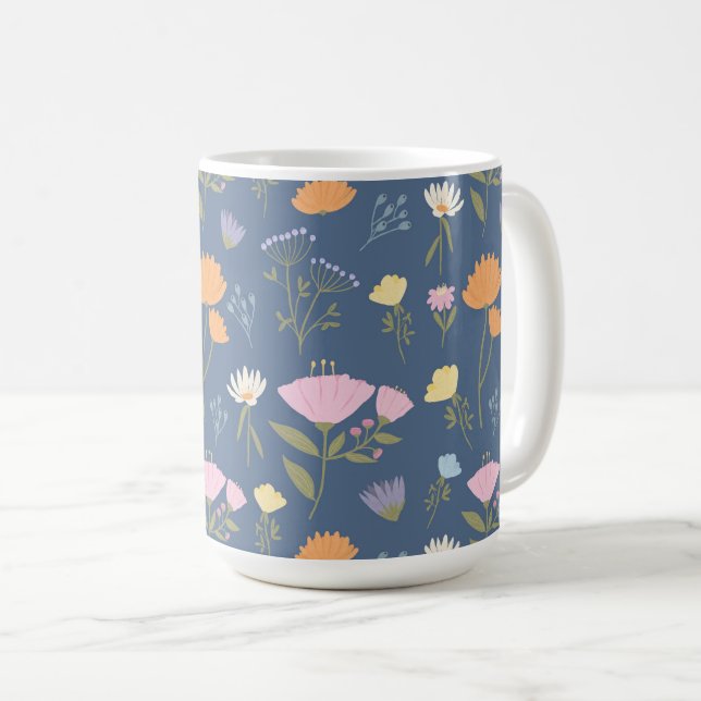 Farbenfrohe Wiese auf Blau Kaffeetasse (VorderseiteRechts)