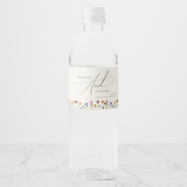 Farbenfrohe Wildblume | Beige Flasche Wasserflaschenetikett (Vorderseite)