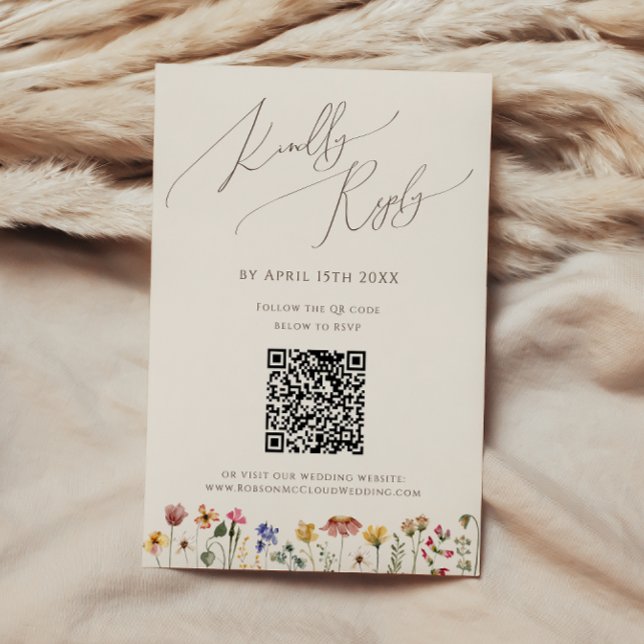 Farbenfrohe Wildblume | Beige QR-Code RSVP Karte (Von Creator hochgeladen)