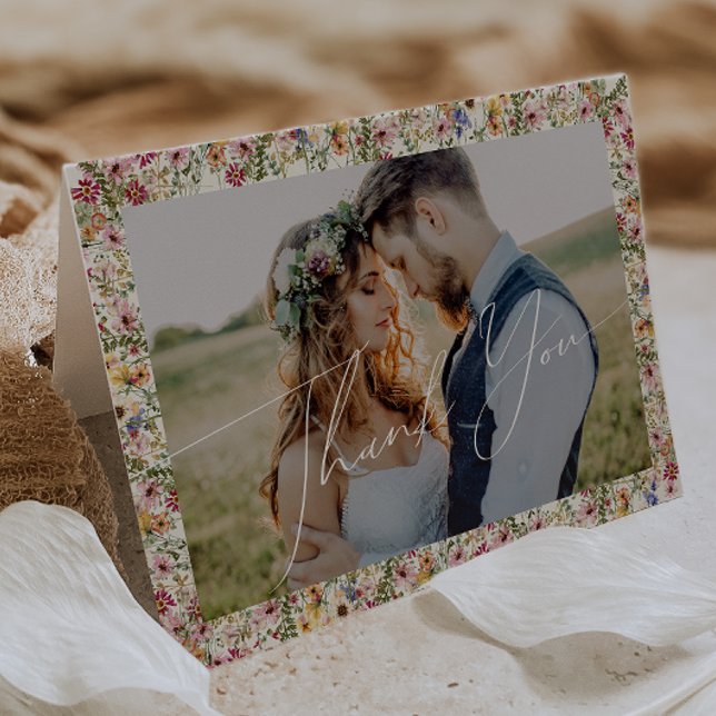 Farbenfrohe Wildblume | Beige Wiese Faltes Foto Dankeskarte (Von Creator hochgeladen)