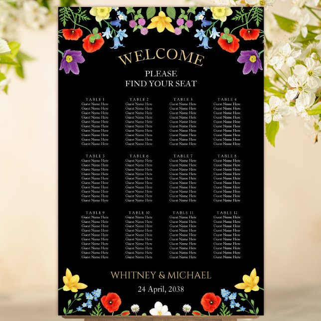 Farbenfrohe Wildblume Blumenzauber Poster (Colorful Wildflower Black Floral Wedding Seating Chart)