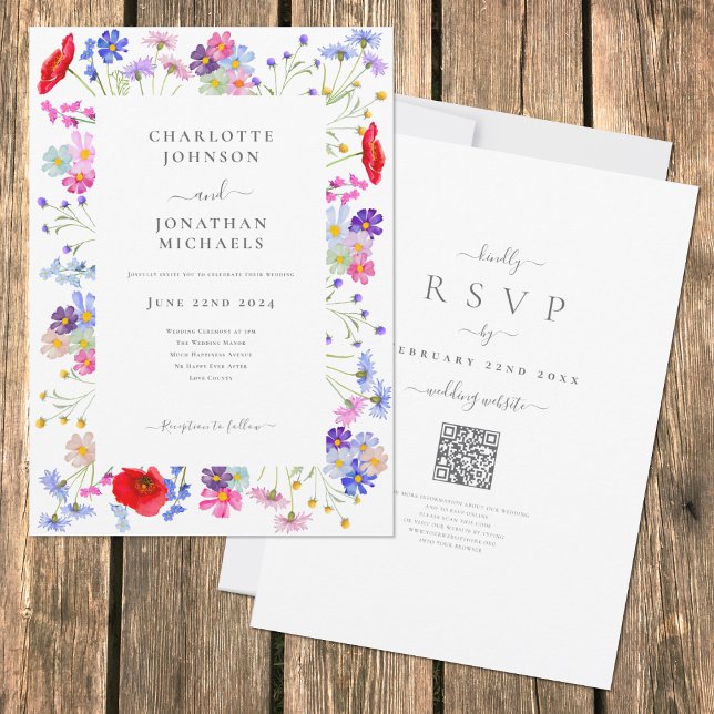 Farbenfrohe Wildblume Boho Chic QR Code Hochzeit Einladung (Boho colorful watercolor wildflower elegant wedding invitation with rsvp qr code)