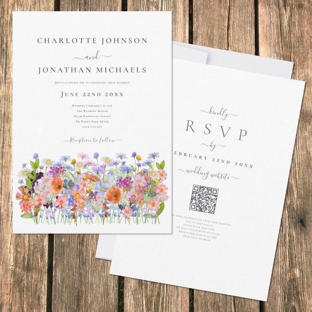 Farbenfrohe Wildblume Boho QR Code Hochzeit Einladung (Boho wildflower meadow colorful watercolor wedding invitation with elegant typography script )