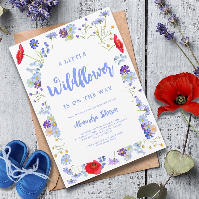 Farbenfrohe Wildblume Boy Baby Dusche Einladung (A little wildflower boy baby shower invitation with watercolor spring summer florals)