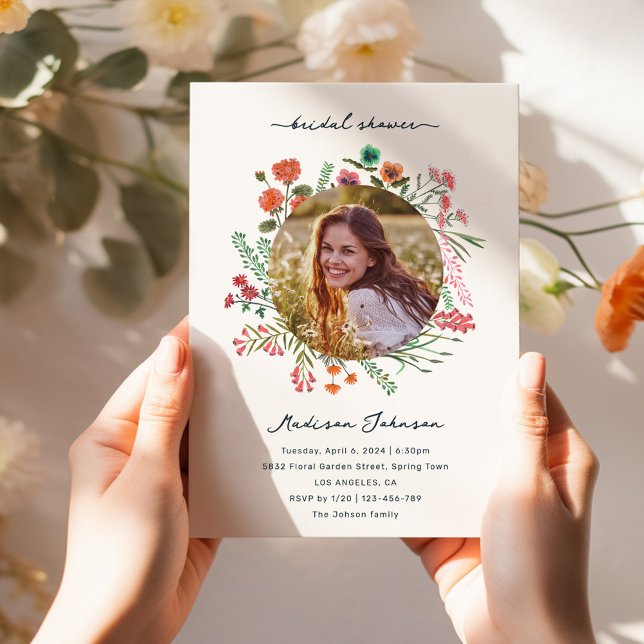 Farbenfrohe Wildblume Brautparty Foto Einladung (Colorful Wildflower Bridal Shower Photo Invitation)