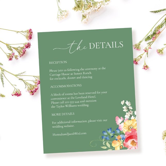 Farbenfrohe Wildblume Details zum Grünen Hochzeits Begleitkarte (Von Creator hochgeladen)