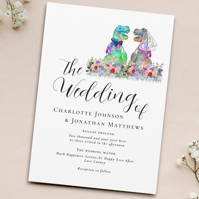 Farbenfrohe Wildblume Dinosaur Thema Einladung (Stylish script colorful wildflower dinosaur theme wedding invitation)
