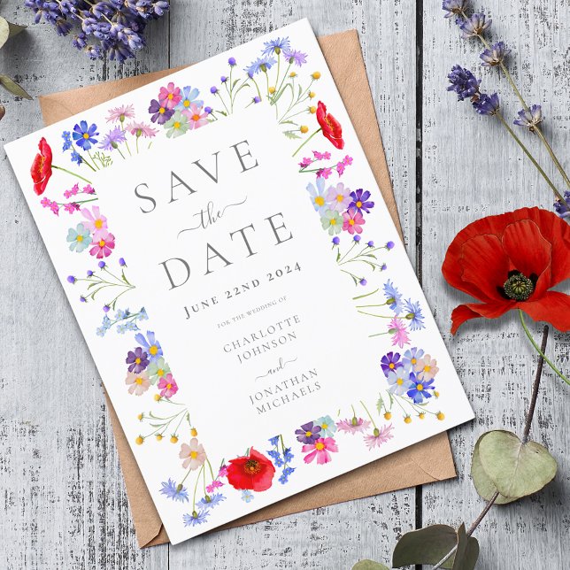 Farbenfrohe Wildblume Elegante Hochzeit Save the D Einladungspostkarte (Colorful wildflower boho chic wedding save the date budget postcard invitation elegant thrift)