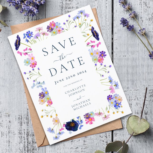 Farbenfrohe Wildblume Elegante Hochzeit Save the D Einladungspostkarte (Modern wildflower wedding save the date with colorful watercolor florals and navy blue typography )