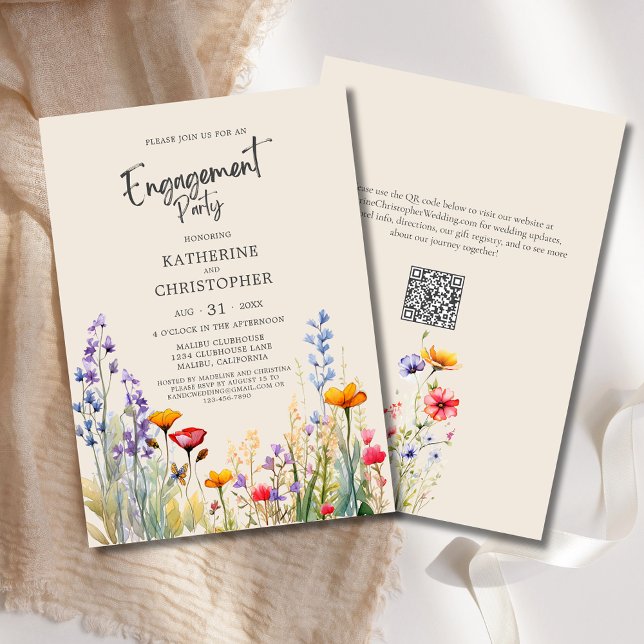 Farbenfrohe Wildblume Engagement Party Elegant Bei Einladung (Wedding Engagement Party Invitation with colorful jewel tone wildflowers in purple, red, orange.)