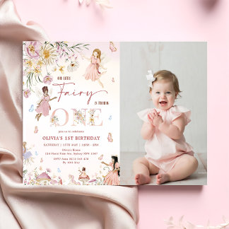 Farbenfrohe Wildblume Fairy 1. Geburtstag Foto Einladung