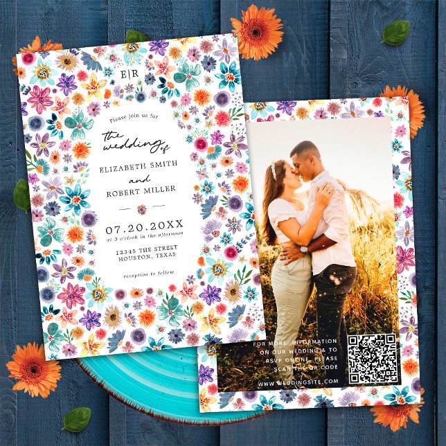 Farbenfrohe Wildblume Garden QR Code Hochzeitsszen Einladung (Front/Back)