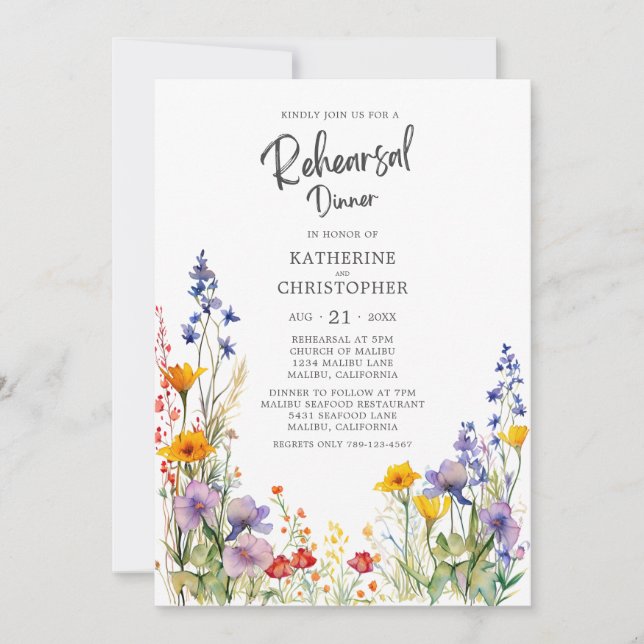 Farbenfrohe Wildblume Hochzeit Probe Dinner Einladung (Vorderseite)