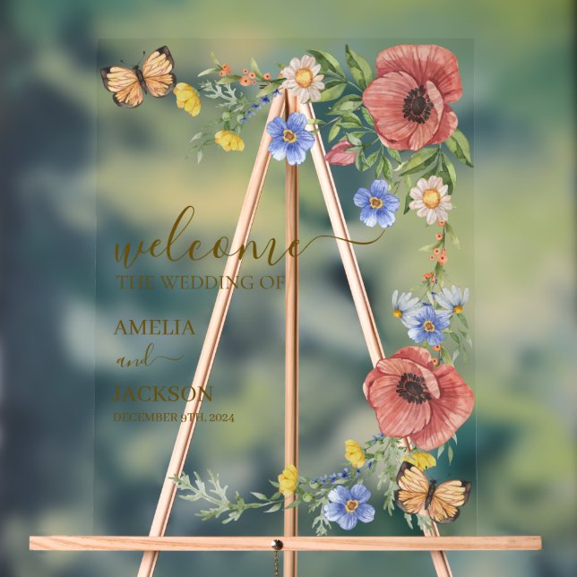Farbenfrohe Wildblume Hochzeitsempfang Acrylschild (Neutral)