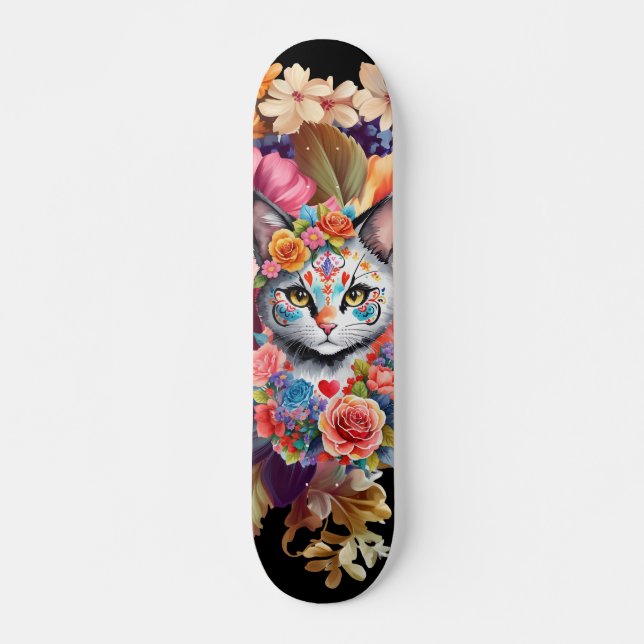 Farbenfrohe Wildblume & Kitten Muster Skateboard (Vorne)