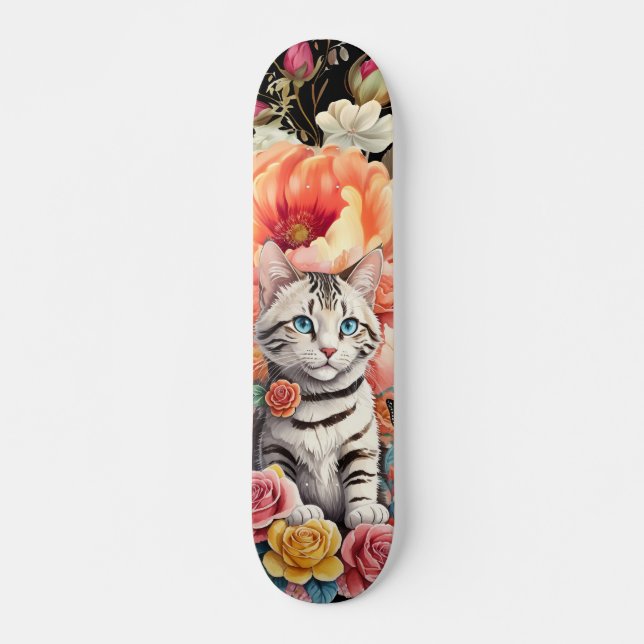 Farbenfrohe Wildblume & Kitten Muster Skateboard (Vorne)