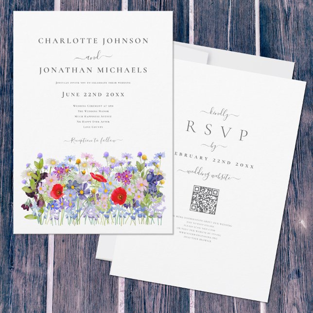 Farbenfrohe Wildblume Meadow QR-Hochzeit Einladung (Boho Wildflower meadow watercolor wedding invitation with elegant typography script )