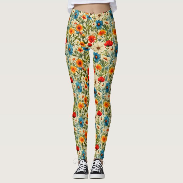 Farbenfrohe Wildblume Muster Leggings (Vorderseite)