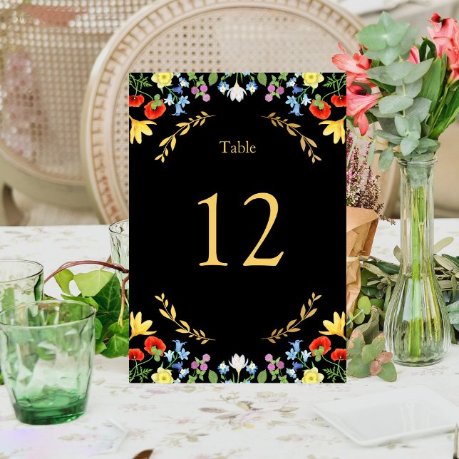 Farbenfrohe Wildblume Rustikale Schwarze Hochzeit Tischnummer (Colorful Wildflower Rustic Floral Black Wedding Table Number)