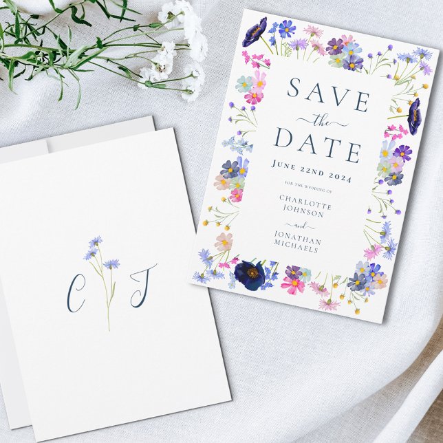 Farbenfrohe Wildblume Save The Date (Colorful wildflower watercolor wedding save the date with elegant monogram initial)