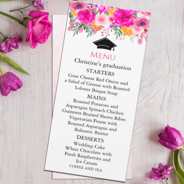 Farbenfrohe Wildblume Spring Menu Abschluss Einladung (watercolor flowers in shades of pink and white in rustic garden greenery. #graduationpartsupply )