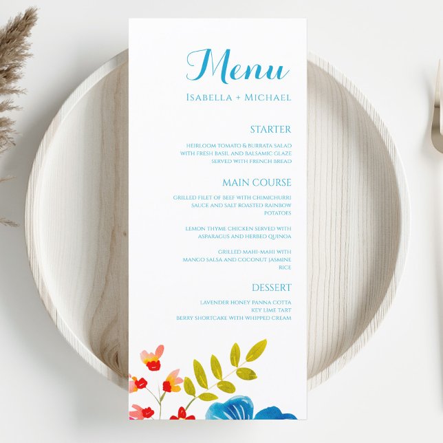 Farbenfrohe Wildblume Wasserfarbenes Hochzeitmenü Menükarte (Von Creator hochgeladen)