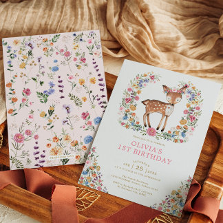 Farbenfrohe Wildblume Woodland Deer Girl Geburtsta Einladung
