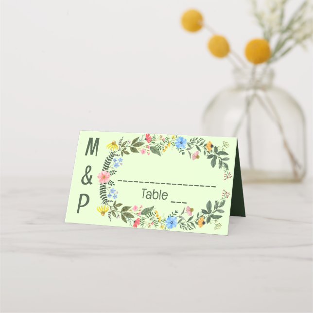 Farbenfrohe Wildblume Wreath Wedding Platzkarte (Vorderseite)