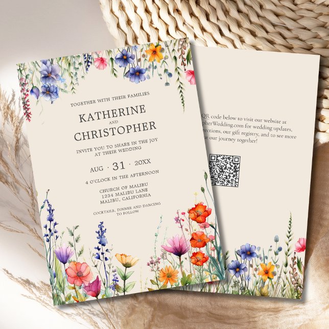 Farbenfrohe Wildblumen Beige Elegante Hochzeit Einladung (Colorful Wildflowers Beige Elegant Wedding Invitation with jewel tone flowers in purple, red, orange)